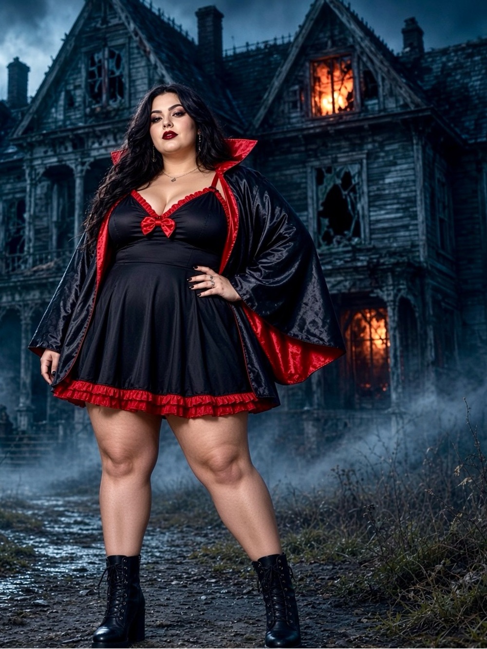 Plus Size Halloween costume Black and Red Satin Vampire Dress & Robe Set 3X4X